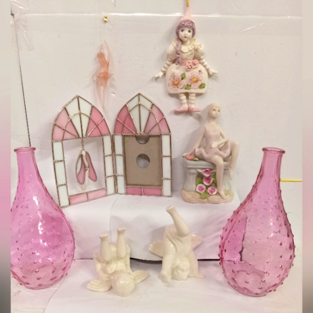 8 Pc Ballerina Lot Collectibles Glass, Ceramics, Ornaments, Frame, Angels, Vases